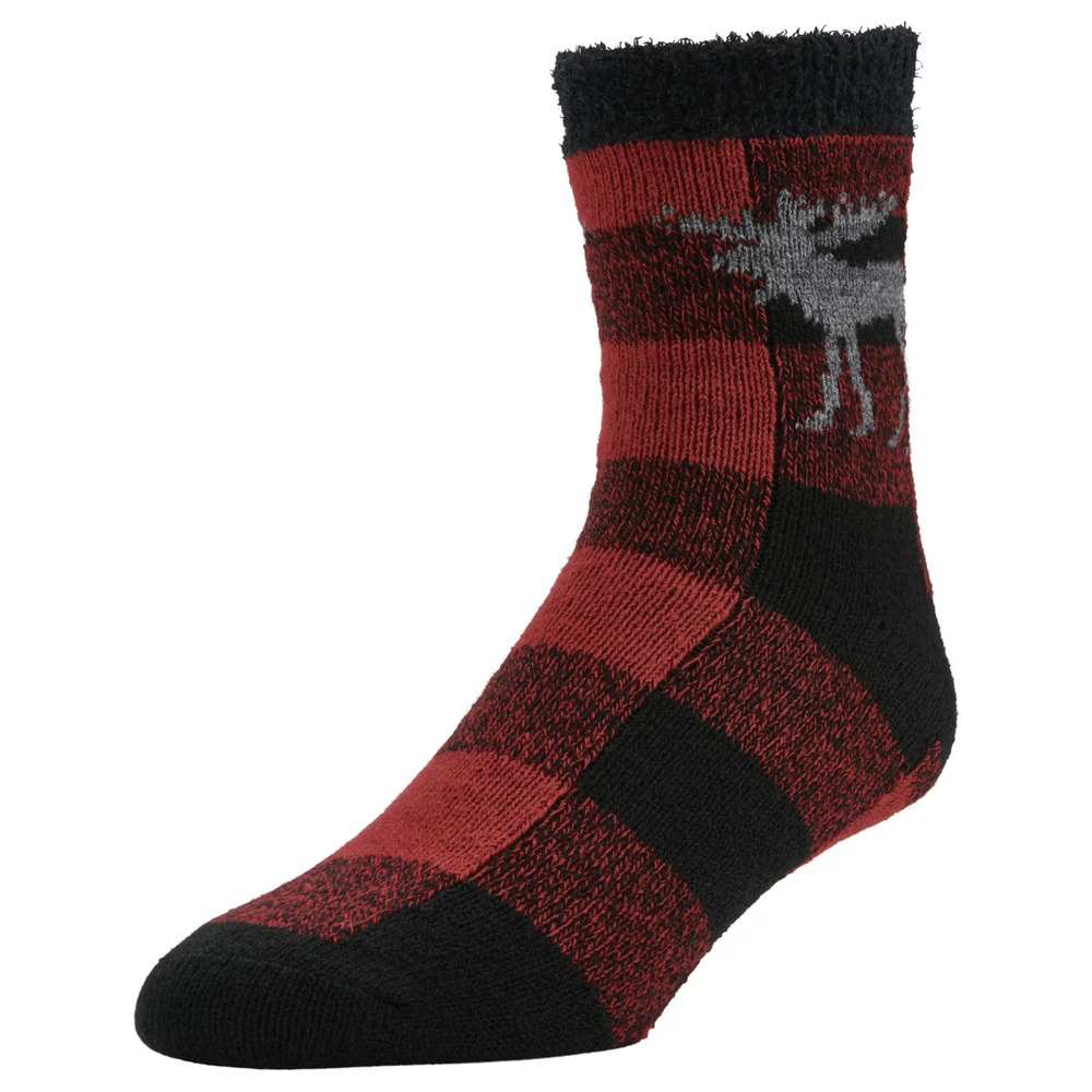 Airplus Men's Double Layer Aloe Crew Socks, Red Buffalo Check Moose Sizes 8-12.5